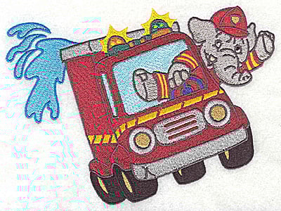 Embroidery Design: Elephant fireman in fire truck<br> 6.41w X 4.88h