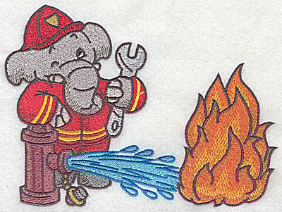 Embroidery Design: Elephant fireman at hydrant dousing fire large<br> 6.44w X 4.92h