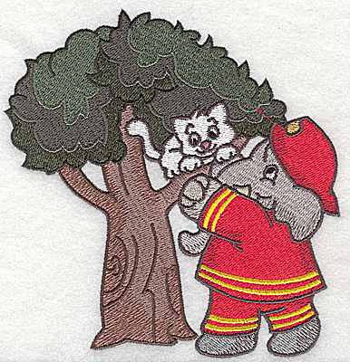 Embroidery Design: Fireman rescuing kitten from tree<br> 4.93w X 5.19h