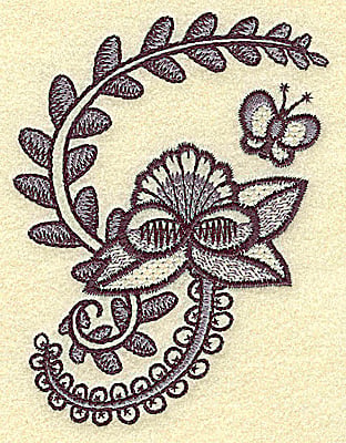 Embroidery Design: Floral fan with butterfly and vines<br> 2.97w X 3.84h