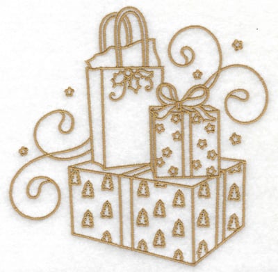 Embroidery Design: Gift boxes bags stars and swirls large<br> 4.93w X 4.93h