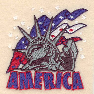 Embroidery Design: America Statue of Liberty with banners <br>3.62"w X 3.86"h