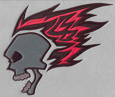 Embroidery Design: Flaming skull appliques full back<br>9.35w X 7.87h