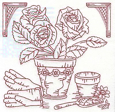 Embroidery Design: Flower pot with roses large<br> 6.98w X 6.95h