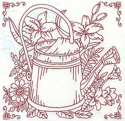 Embroidery Design: Watering can with flowers large<br> 6.93w X 6.93h