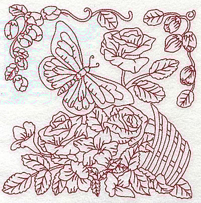 Embroidery Design: Butterfly with basket of flowers large<br> 6.95w X 6.96h