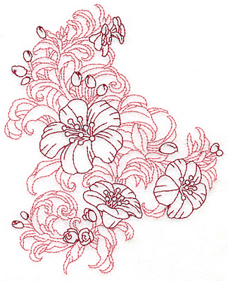 Embroidery Design: Yellow trumpet cluster verticle redwork <br> 6.15"h x 4.93"w