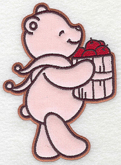 Embroidery Design: Bear carrying basket of apples applique<br> 4.35w X 6.06h