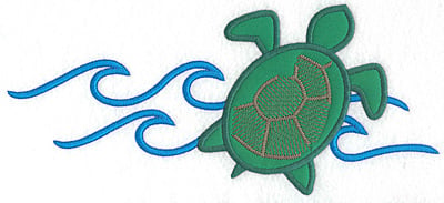 Embroidery Design: Green sea turtle applique with waves <br> 4.48"h x 10.09"w