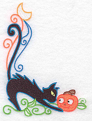 Embroidery Design: Black cat looking at pumpkin<br> 3.71w X 4.95h