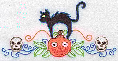 Embroidery Design: Black cat pumpkin and skulls<br> 6.95w X 3.37h