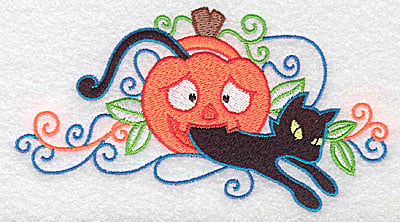 Embroidery Design: Black cat jumping out of pumpkin<br> 5.49w X 2.95h