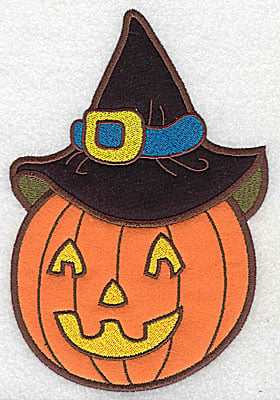 Embroidery Design: Pumpkin wearing witch hat applique<br> 2.37w X 3.52h