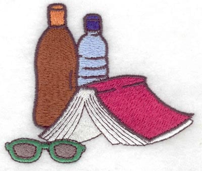 Embroidery Design: Sun tan lotion water book sun glasses<br>3.50w X 2.89h