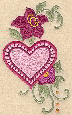 Embroidery Design: Heart applique and flowers G large<br> 5.95w X 3.55h | Embroidery Legacy Embroidery Design: Heart applique and flowers G large<br> 5.95w X 3.55h