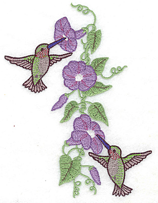 Embroidery Design: Hummingbirds at morning glory<br> 5.00w X 6.36h | Embroidery Legacy Embroidery Design: Hummingbirds at morning glory<br> 5.00w X 6.36h