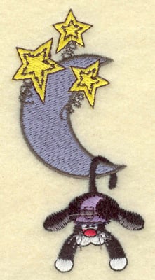 Embroidery Design: Black cat hanging from moon<br> 1.90w X 3.86h