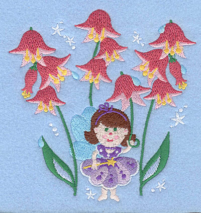 Embroidery Design: Fairy amid pink flowers<br>5.00" x 4.81"