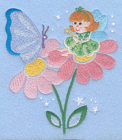 Embroidery Design: Fairy on flower with butterfly<br>5.00" x 4.39"
