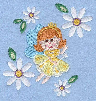 Embroidery Design: Fairy amid daisy blooms<br>3.90" x 3.62"