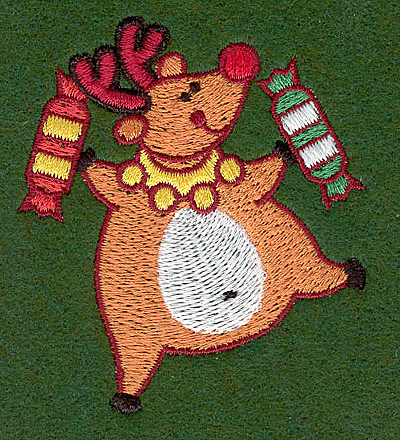 Embroidery Design: Reindeer with Christmas crackers<br>2.66w X 3.01h