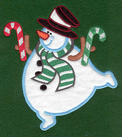 Embroidery Design: Snowman with candy canes applique<br>4.85w X 5.45h