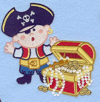 Embroidery Design: Pirate with treasure chest large<br>4.37w X 4.59h