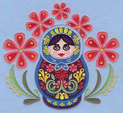 Embroidery Design: Matryoshka Applique Doll D with flowers <br>5.27"w X 4.89"h