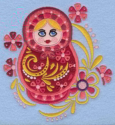 Embroidery Design: Matryoshka Applique Doll E with flowers <br>4.37"w X 4.72"h