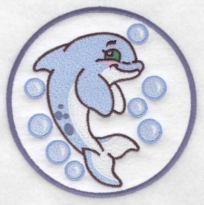 Embroidery Design: Dolphin and bubbles in applique<br> 4.96w X 4.96h | Embroidery Legacy Embroidery Design: Dolphin and bubbles in applique<br> 4.96w X 4.96h