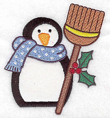 Embroidery Design: Penguin with broom applique<br> 3.51w X 3.89h