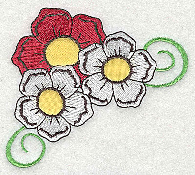 Embroidery Design: Flower trio applique with swirls<br> 3.89w X 3.38h | Embroidery Legacy Embroidery Design: Flower trio applique with swirls<br> 3.89w X 3.38h