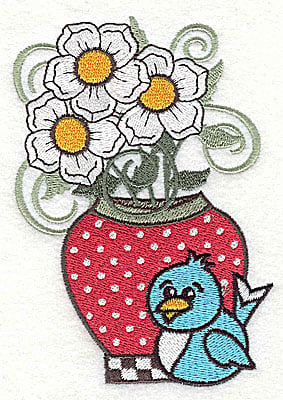 Embroidery Design: Flowers in vase with bluebird large<br> 3.40w X 2.98h
