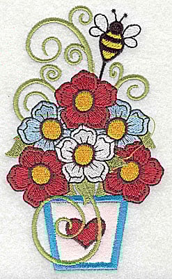 Embroidery Design: Flowers in applique vase with bee<br> 2.95w X 4.94h | Embroidery Legacy Embroidery Design: Flowers in applique vase with bee<br> 2.95w X 4.94h