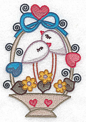 Embroidery Design: Birds in a basket with top bow and heart large<br> 3.41w X 4.93h