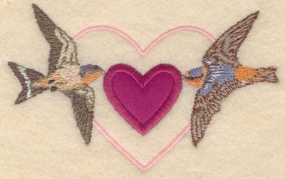 Embroidery Design: Small birds with heart applique<br>5.00w X 3.01h