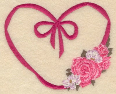 Embroidery Design: Small ribbon heart with flowers<br>5.01w X 4.17h