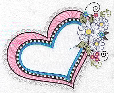 Embroidery Design: Heart white satin applique with daisies large <br> 7.84w X 6.44h