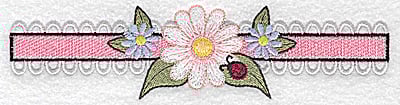 Embroidery Design: Daisy with ladybug on border large<br> 6.77w X 1.68h