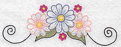 Embroidery Design: Daisies with swirls large<br> 4.97w X 1.80h