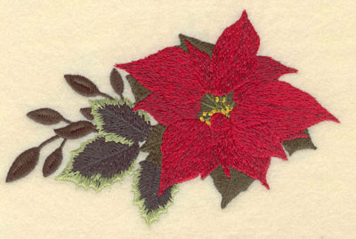 Embroidery Design: Poinsettia with Leaves on one Side <br>6.00w X 3.99h