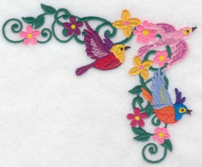 Embroidery Design: Bird trio corner large<br> 5.86w X 4.79h
