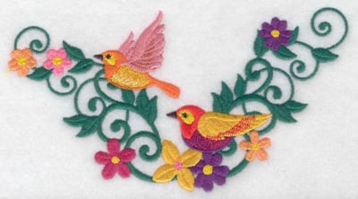 Embroidery Design: Birds in flight flowers and vines<br> 6.94w X 3.94h
