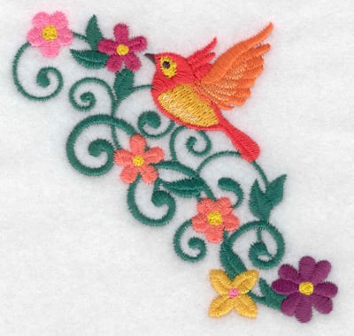 Embroidery Design: Bird in flight flowers and vines<br> 3.80w X 3.61h