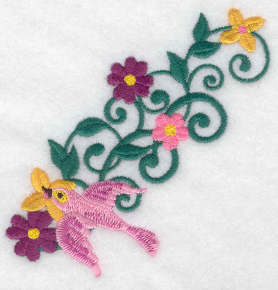 Embroidery Design: Bird pink vines and flowers<br> 3.83w X 3.88h