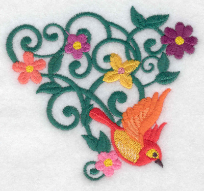 Embroidery Design: Bird in flight vine and flowers<br> 3.73w X 3.39h