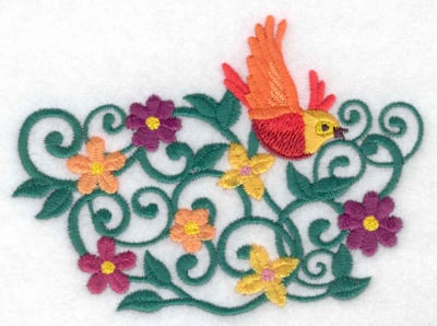 Embroidery Design: Bird flying vines and flowers<br> 4.58w X 3.32h