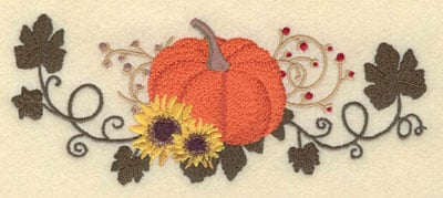 Embroidery Design: Pumpkin with Sunflowers Vines & Berries<br>7.00w X 2.85h