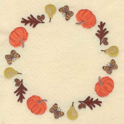 Embroidery Design: Sunflower oak leaf pumpkin butterfly and pear circular border<br>7.01w X 7.01h