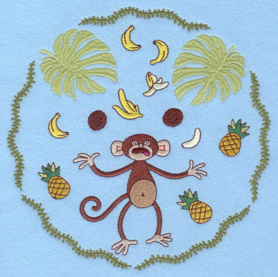 Embroidery Design: Monkey Juggling with Vines and Leaves<br>7.47w X 7.47h